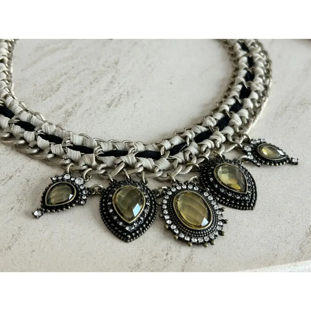 Ann Taylor LOFT Statement Necklace – Mixed Media Chain & Cord Crystal Pendants